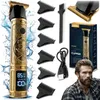 A collage of product images showing a gold hair clipper, its accessories, packaging, and a model. Náhled obrázku produktu