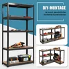 A collage showing a black metal shelving unit with wooden shelves, and two configurations of the shelving unit assembled as a workbench. Produktbild-Vorschau