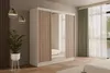 A bedroom scene featuring a white wardrobe with mirrored and slatted doors, a plant, and a window with curtains. Produktbild-Vorschau