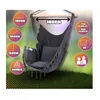 A hanging chair is shown outdoors on a grassy area, with various informational graphics around it. Produktbild-Vorschau