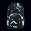 A black backpack with a geometric teal and white pattern, featuring reflective strips. Náhled obrázku produktu