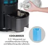 A person's hand is pouring water into a cooler device. The device has a water tank and an ice pack is shown next to it. Text describes the product. Produktbild-Vorschau