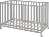 A gray foldable baby crib with a wooden slatted base, shown from a slightly elevated side angle on a white background. Produktbild-Vorschau