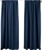 Two dark blue curtains hanging from a white curtain rod against a white background. Produktbild-Vorschau