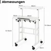 A diagram showing the dimensions of a white adjustable standing desk. Podgląd zdjęcia produktu