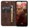 A brown leather flip case for a smartphone, showing the inside with card slots and a banknote, and the phone screen displaying the time and date. Produktbild-Vorschau