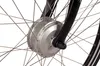 Close-up of an electric bicycle's front wheel hub and fork. Produktbild-Vorschau