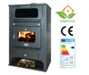 A wood-burning stove with an energy efficiency label and certifications. Produktbild-Vorschau