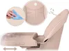 A side view of a beige baby high chair with a tray that can be adjusted forward and backward. There are two circular insets showing a hand cleaning the tray and a close-up of the seat cushion with a logo. Voir les images du produit