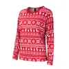 A red long-sleeved shirt with a white Christmas pattern, including snowflakes and reindeer, is shown against a white background. Produktbild-Vorschau