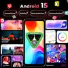 A collage of images showcasing Android 15 features and applications, with a central image of a smartphone displaying the Android 15 logo. Anteprima dell’immagine prodotto