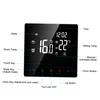 A digital thermostat display with labels pointing to different features. Produktbild-Vorschau