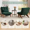 Two green armchairs with wooden legs are shown in a living room setting, with smaller circular images below showcasing different room applications. Anteprima dell’immagine prodotto