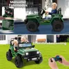 A collage showing a green electric toy jeep for children, with one image showing a child driving it and another showing two children in it, along with close-ups of its features and a remote control. Náhľad obrázku produktu