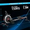 A product image of a rowing machine with size details and specifications overlaid. Produktbild-Vorschau