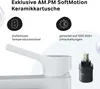 A close-up marketing image of a white faucet with a ceramic cartridge and descriptive icons. Produktbild-Vorschau