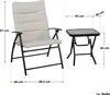 A beige upholstered folding chair and a black folding table with a glass top are shown next to each other with dimensions indicated by measurement lines and text. Produktbild-Vorschau