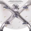 Close-up view of the underside of a white shower stool, showing the metal frame and connection points with wing bolts. Produktbild-Vorschau