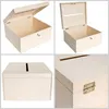 A collage of four images showing different views of an unpainted wooden box with a lid. Anteprima dell’immagine prodotto