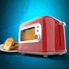 A red retro-style toaster with toast on a plate, set against a blue gradient background. Voir les images du produit