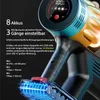 Close-up marketing image of a cordless vacuum cleaner with text overlays detailing its features and specifications. Produktbild-Vorschau