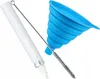 A white marker, a blue funnel, and a cleaning brush are arranged on a white background. Produktbild-Vorschau
