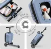 A collage showing a children's scooter with an integrated suitcase, demonstrating its functionality and features. Produktbild-Vorschau