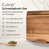 A close-up of a wooden cutting board set with text describing its features. Produktbild-Vorschau
