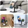 Collage of a 4-in-1 wireless charger in different settings, including a living room and a bedroom. Produktbild-Vorschau