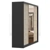 A three-door sliding wardrobe with a black frame and wood-effect panels, featuring a mirrored door. Produktbild-Vorschau