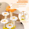 A multi-level cat tree with flower-shaped platforms and orange spherical perches, set against a light background with decorative elements and text overlays. Podgląd zdjęcia produktu