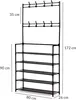 A black metal shoe rack and coat rack with dimensions labeled. Produktbild-Vorschau