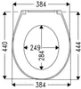 A top-down technical drawing of a toilet seat with dimensions indicated. Produktbild-Vorschau