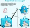 A collage of a blue children's suitcase and backpack with a unicorn design, along with size dimensions and product specifications. Produktbild-Vorschau