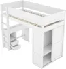 A white loft bed with a desk and wardrobe, shown from a slightly elevated angle against a white background. Voir les images du produit