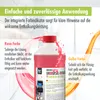 A bottle of pink liquid descaler is shown with text explaining its color indicator feature. Produktbild-Vorschau
