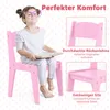 A young girl is sitting on a pink chair and reading a book. The image also shows close-ups of the chair's backrest and seat, with German text highlighting features. Podgląd zdjęcia produktu