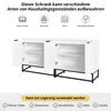 A white sideboard with open doors showing shelves, resting on black legs, with illustrative icons and text above and below. Anteprima dell’immagine prodotto
