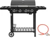 A black gas grill with side shelves and a gas hose and regulator is shown against a white background. Produktbild-Vorschau