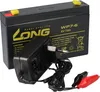 A black sealed lead-acid battery with a yellow logo and text, and a black power adapter with red and black alligator clips. Anteprima dell’immagine prodotto