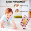 A baby crawling on the floor with a pink tablet case and marketing callouts in the background. Produktbild-Vorschau