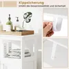 A collage of images showing a white bathroom cabinet, its features, and how it is secured. Náhled obrázku produktu