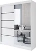 A white sliding door wardrobe with black accents and a mirrored door, reflecting a living room scene with a sofa and coffee tables. Produktbild-Vorschau