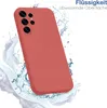 A red phone case is shown with water splashing around it. Produktbild-Vorschau