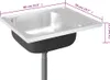 A stainless steel sink with a drainboard and a flexible drain pipe, shown with dimensions indicated by text overlays. Voir les images du produit