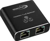 A black network splitter device with text and icons on its surface, shown from a slightly elevated angle against a white background. Produktbild-Vorschau