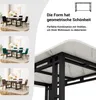 Collage of dining table settings with different chair colors and a close-up of the table's marble-look surface and black metal legs. Anteprima dell’immagine prodotto