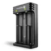A black battery charger with two slots for batteries, shown from a three-quarter angle against a white background. Anteprima dell’immagine prodotto