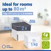 A product shot of a dehumidifier with refill packs, set against a blurred background of a room. Produktbild-Vorschau