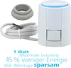 A white thermostat actuator with a coiled white cable and a gray adapter ring, set against a white background. Text overlays provide product information. Produktbild-Vorschau